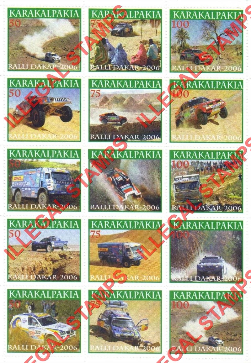 KARAKALPAKIA 2006 Dakar Rally Racing Counterfeit Illegal Stamp Souvenir Sheet of 15