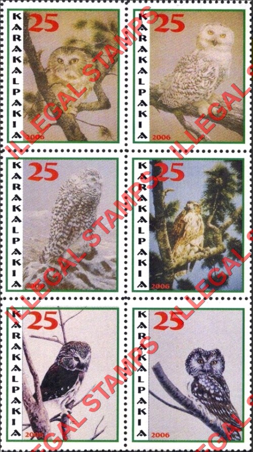 KARAKALPAKIA 2006 Owls Counterfeit Illegal Stamp Block of 6
