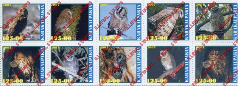 KARAKALPAKIA 2007 Owls Counterfeit Illegal Stamp Block of 10