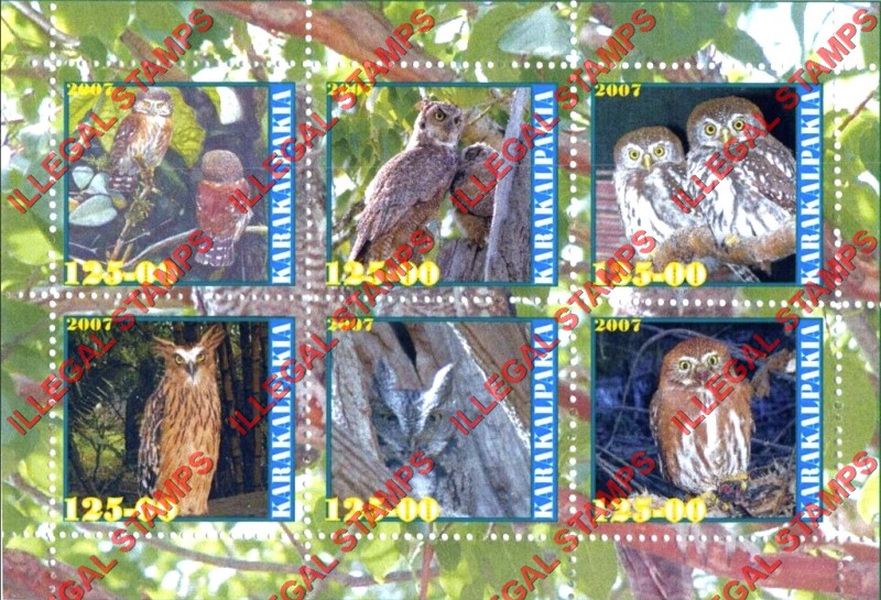 KARAKALPAKIA 2007 Owls Counterfeit Illegal Stamp Souvenir Sheet of 6