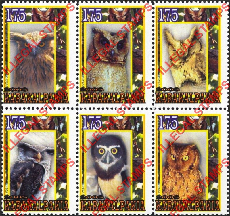 KARAKALPAKIA 2008 Owls Counterfeit Illegal Stamp Block of 6