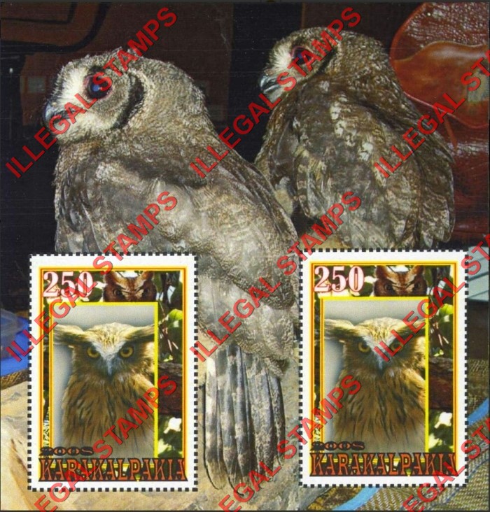 KARAKALPAKIA 2008 Owls Counterfeit Illegal Stamp Souvenir Sheet of 2
