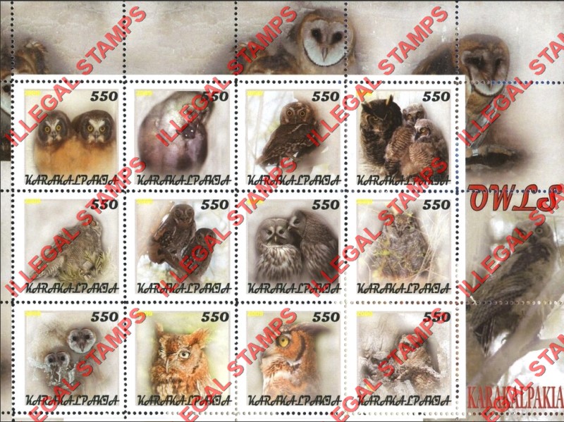 KARAKALPAKIA 2009 Owls Counterfeit Illegal Stamp Souvenir Sheet of 12
