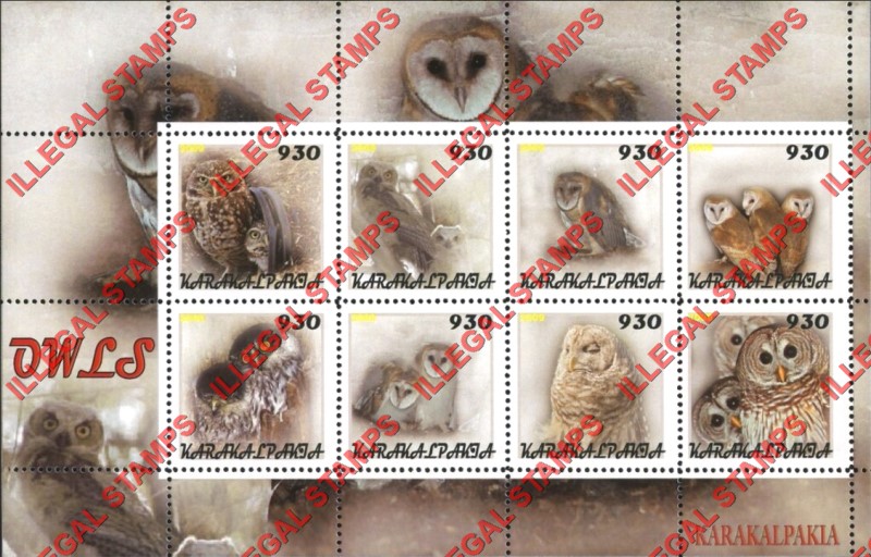 KARAKALPAKIA 2009 Owls Counterfeit Illegal Stamp Souvenir Sheet of 8