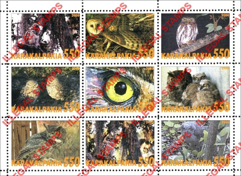 KARAKALPAKIA 2010 Owls Counterfeit Illegal Stamp Souvenir Sheet of 9