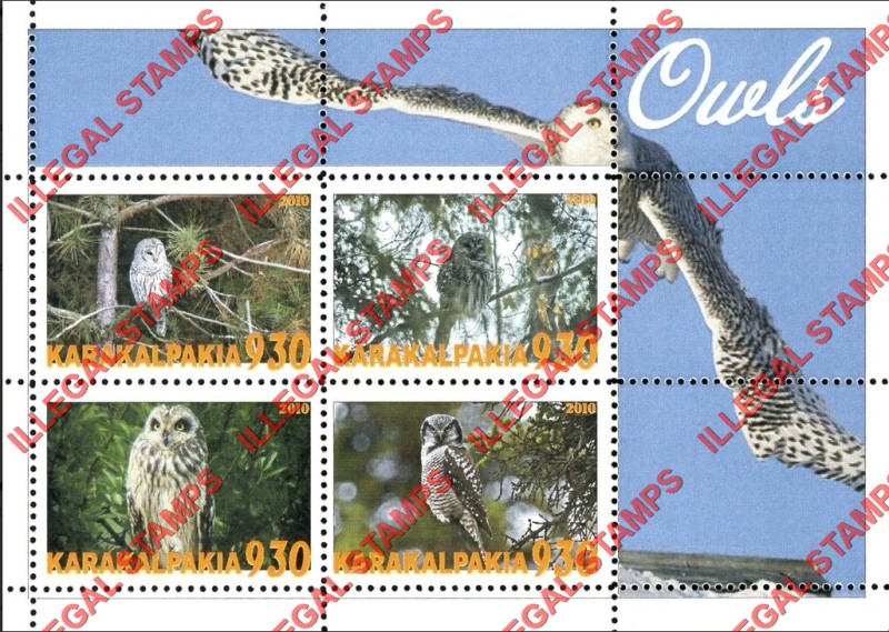 KARAKALPAKIA 2010 Owls Counterfeit Illegal Stamp Souvenir Sheet of 4