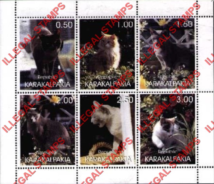 KARAKALPAKIA REPUBLIC 1998 Cats Counterfeit Illegal Stamp Souvenir Sheet of 6