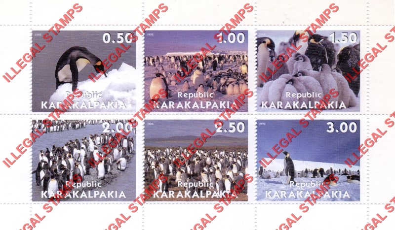 KARAKALPAKIA REPUBLIC 1998 Penguins Counterfeit Illegal Stamp Souvenir Sheet of 6