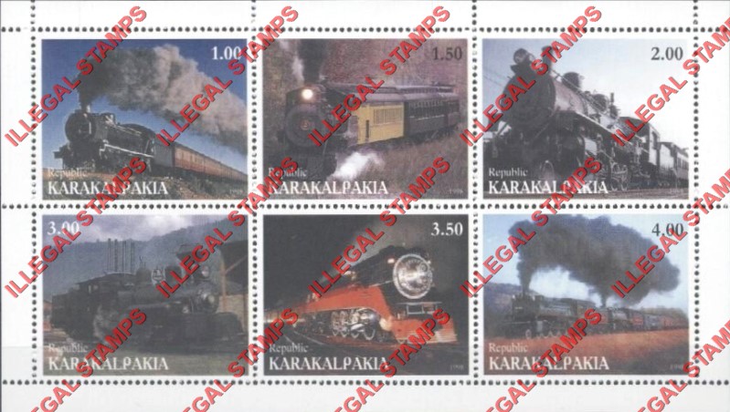 KARAKALPAKIA REPUBLIC 1998 Steam Trains Locomotives Counterfeit Illegal Stamp Souvenir Sheet of 6