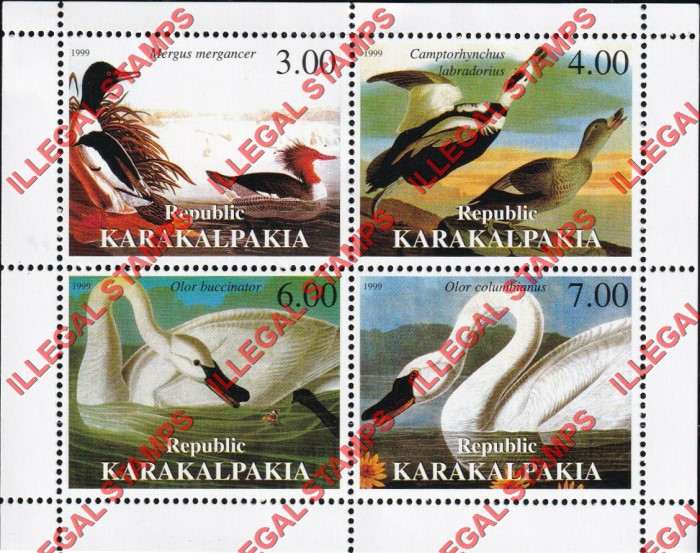 KARAKALPAKIA REPUBLIC 1999 Birds John J. Audubon Counterfeit Illegal Stamp Souvenir Sheet of 4