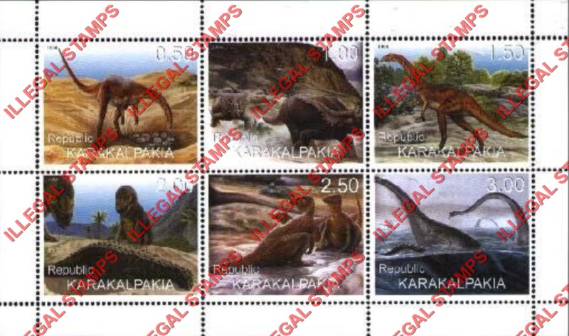 KARAKALPAKIA REPUBLIC 1999 Dinosaurs Counterfeit Illegal Stamp Souvenir Sheet of 6
