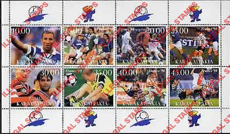 KARAKALPAKIA REPUBLIC 1999 Football Soccer Francia '98 Counterfeit Illegal Stamp Souvenir Sheet of 8