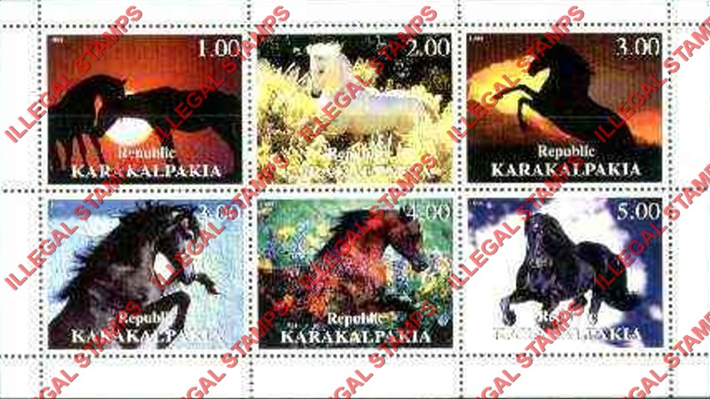 KARAKALPAKIA REPUBLIC 1999 Horses Counterfeit Illegal Stamp Souvenir Sheet of 6