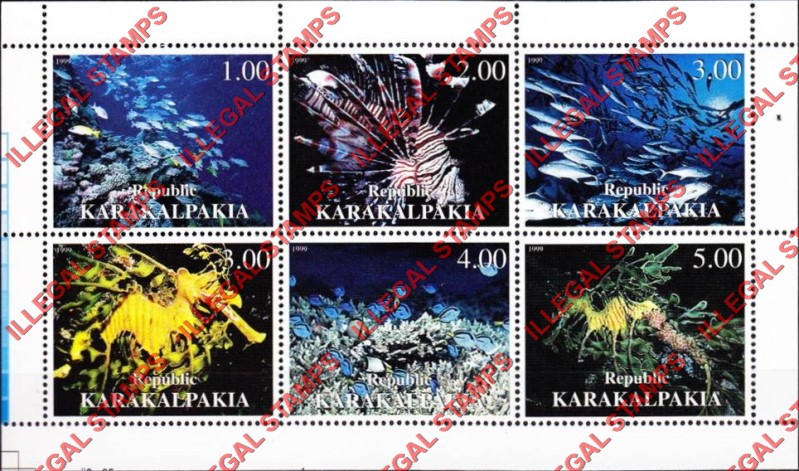 KARAKALPAKIA REPUBLIC 1999 Marine Life Sea Fauna Counterfeit Illegal Stamp Souvenir Sheet of 6