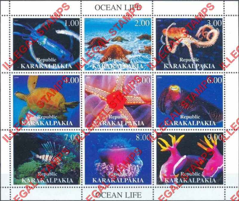 KARAKALPAKIA REPUBLIC 1999 Ocean Life Counterfeit Illegal Stamp Souvenir Sheet of 9