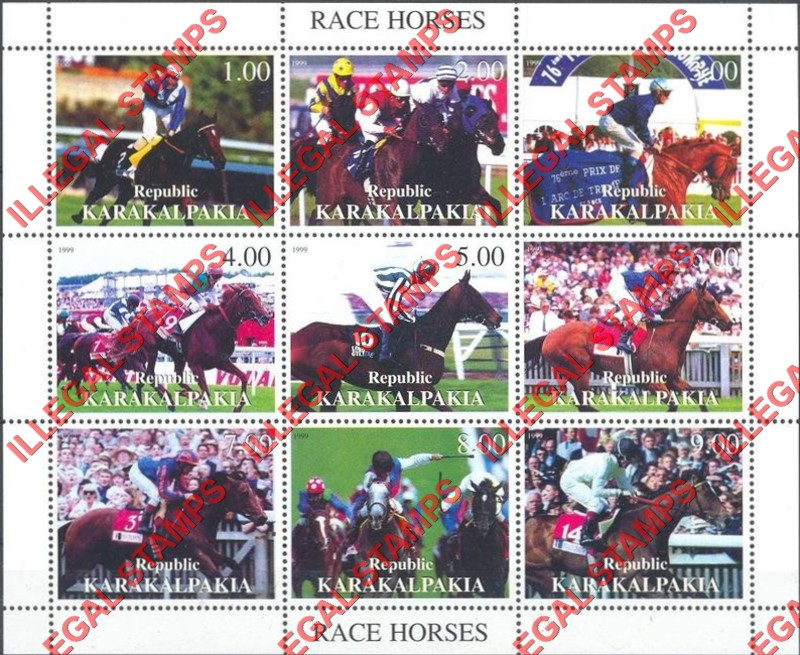 KARAKALPAKIA REPUBLIC 1999 Race Horses Counterfeit Illegal Stamp Souvenir Sheet of 9