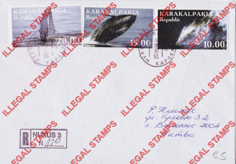 KARAKALPAKIA REPUBLIC 1999 Whales Counterfeit Illegal Stamps on Postally Used Bogus Cover proving Counterfeit Usage (Cover 1)