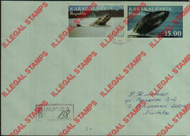 KARAKALPAKIA REPUBLIC 1999 Whales Counterfeit Illegal Stamps on Postally Used Bogus Cover proving Counterfeit Usage (Cover 2)