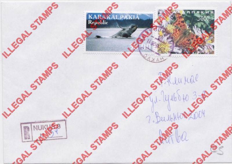KARAKALPAKIA REPUBLIC 1999 Whales and 1996 Butterflies Counterfeit Illegal Stamps on Postally Used Bogus Cover proving Counterfeit Usage (Cover 3)