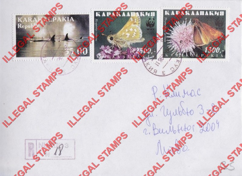 KARAKALPAKIA REPUBLIC 1999 Whales and 1996 Moths Counterfeit Illegal Stamps on Postally Used Bogus Cover proving Counterfeit Usage (Cover 4)