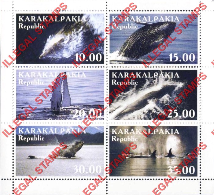 KARAKALPAKIA REPUBLIC 1999 Whales Counterfeit Illegal Stamp Souvenir Sheet of 6