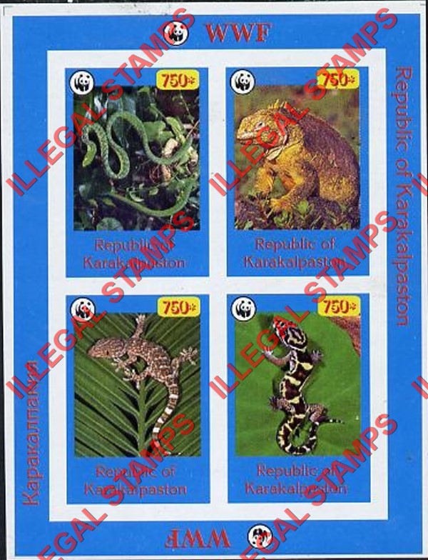 KARAKALPAKISTON 1996 Snakes and Lizards and WWF Logo Counterfeit Illegal Stamp Souvenir Sheet of 4