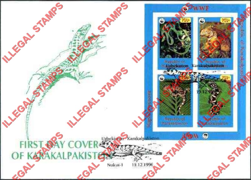KARAKALPAKISTON 1996 Snakes and Lizards and WWF Logo Counterfeit Illegal Stamp Souvenir Sheet of 4 on Fake First Day Cover
