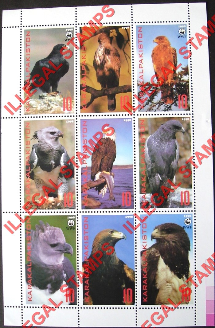 KARAKALPAKISTON 1998 Birds of Prey with WWF Logo Counterfeit Illegal Stamp Souvenir Sheet of 9