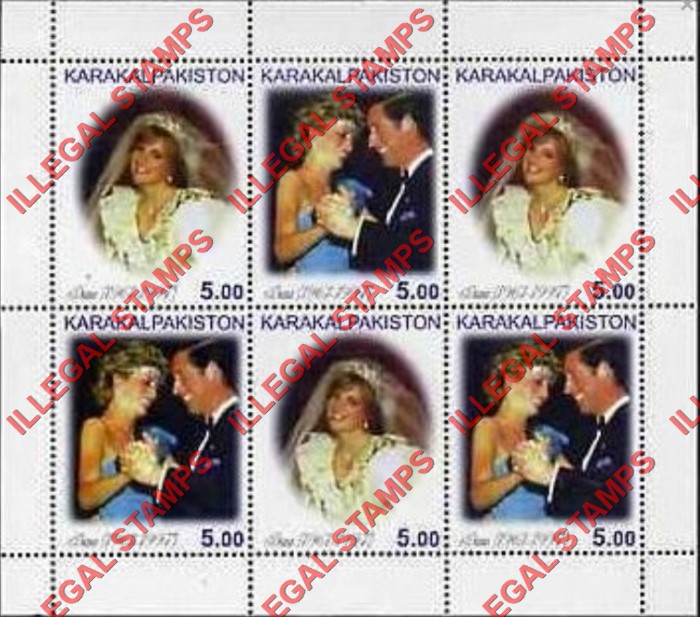 KARAKALPAKISTON 1998 Princess Diana Counterfeit Illegal Stamp Souvenir Sheet of 6