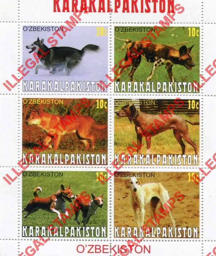 KARAKALPAKISTON 1999 Dogs Counterfeit Illegal Stamp Souvenir Sheet of 6