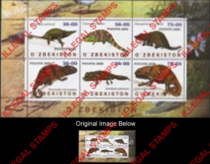 OZBEKISTON 2000 Chameleons Reptiles Lizards Animals Counterfeit Illegal Stamp Souvenir Sheet of 6