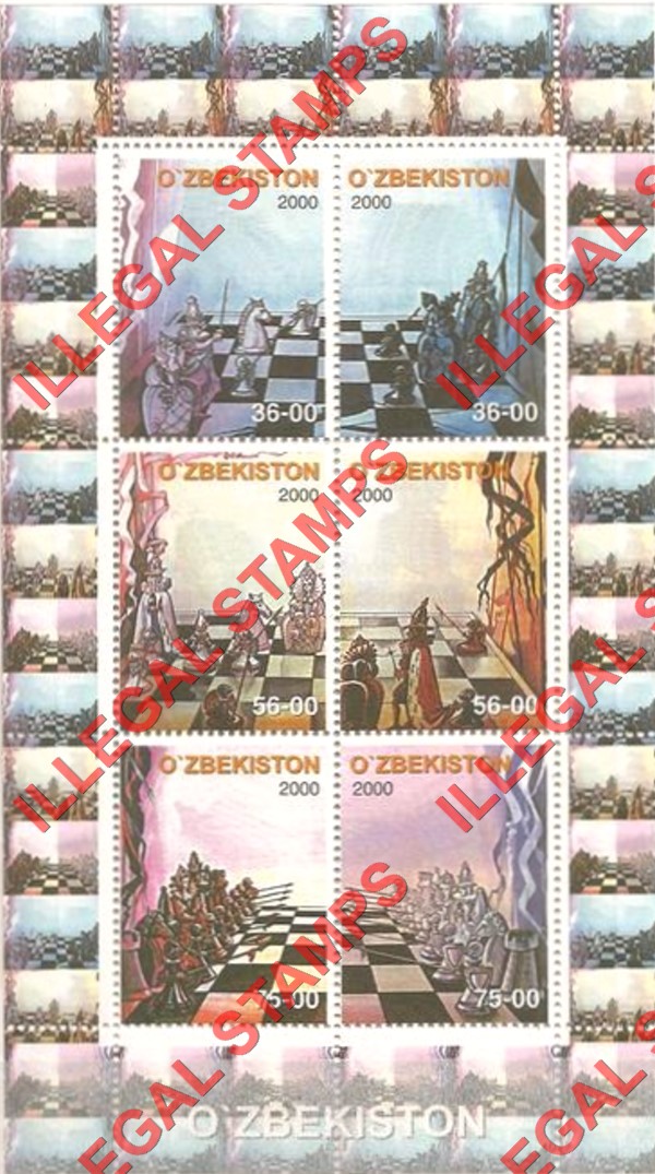 OZBEKISTON 2000 Chess Pieces Counterfeit Illegal Stamp Souvenir Sheet of 6