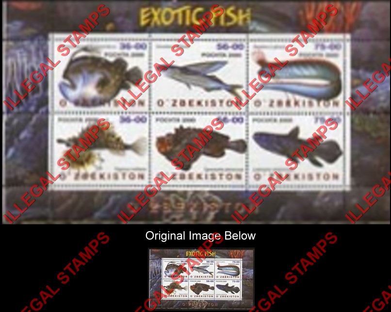 OZBEKISTON 2000 Exotic Fish Counterfeit Illegal Stamp Souvenir Sheet of 6