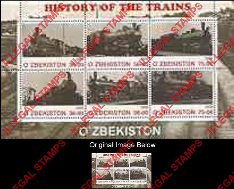 OZBEKISTON 2000 History of Trains Counterfeit Illegal Stamp Souvenir Sheet of 6 (Sheet 1)