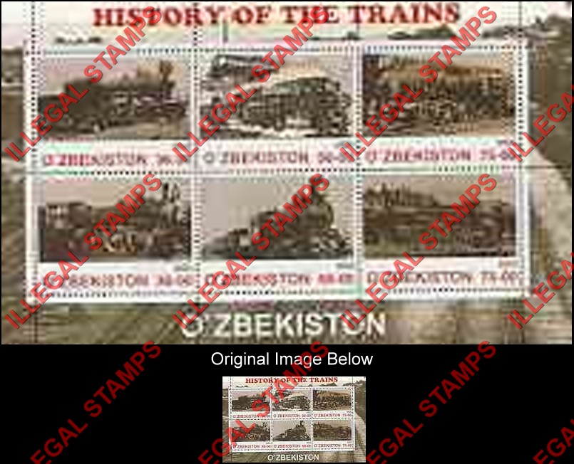 OZBEKISTON 2000 History of Trains Counterfeit Illegal Stamp Souvenir Sheet of 6 (Sheet 2)