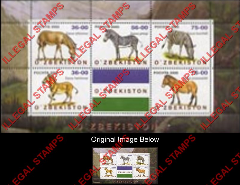 OZBEKISTON 2000 Horses Perissodactyla Counterfeit Illegal Stamp Souvenir Sheet of 5 Plus Label