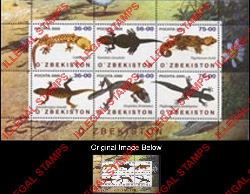 OZBEKISTON 2000 Lizards Counterfeit Illegal Stamp Souvenir Sheet of 6