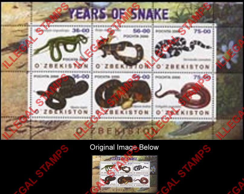 OZBEKISTON 2000 Years of Snake Counterfeit Illegal Stamp Souvenir Sheet of 6