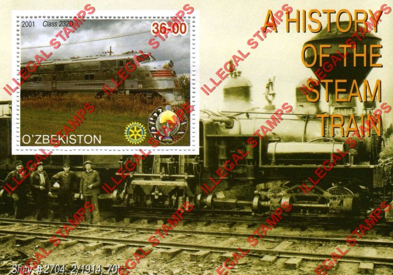 OZBEKISTON 2001 History of the Steam Train with Rotary Logo Counterfeit Illegal Stamp Souvenir Sheet of 1 (Sheet 1)