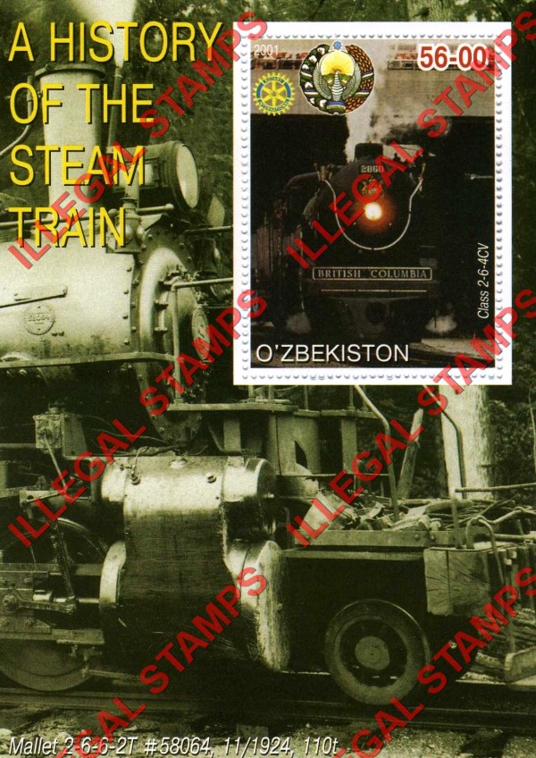 OZBEKISTON 2001 History of the Steam Train with Rotary Logo Counterfeit Illegal Stamp Souvenir Sheet of 1 (Sheet 10)