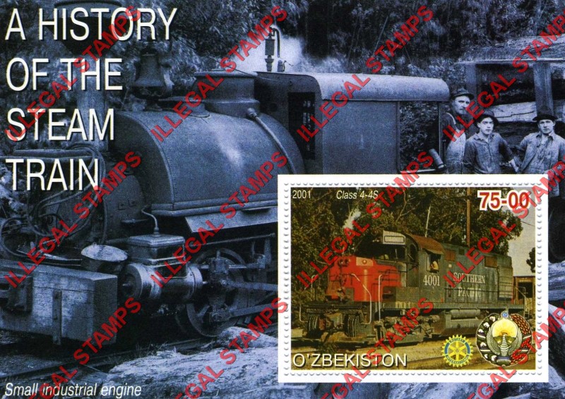 OZBEKISTON 2001 History of the Steam Train with Rotary Logo Counterfeit Illegal Stamp Souvenir Sheet of 1 (Sheet 12)