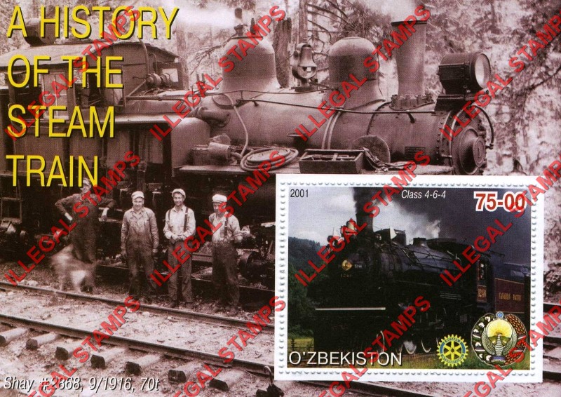 OZBEKISTON 2001 History of the Steam Train with Rotary Logo Counterfeit Illegal Stamp Souvenir Sheet of 1 (Sheet 13)