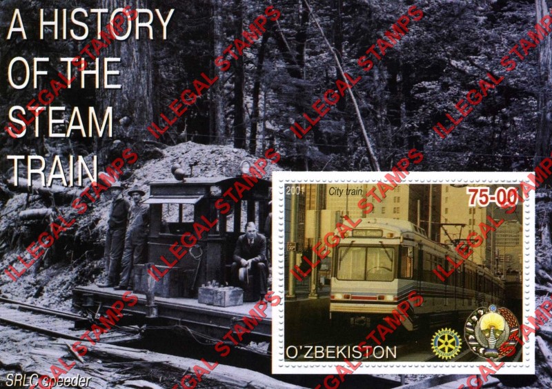 OZBEKISTON 2001 History of the Steam Train with Rotary Logo Counterfeit Illegal Stamp Souvenir Sheet of 1 (Sheet 14)