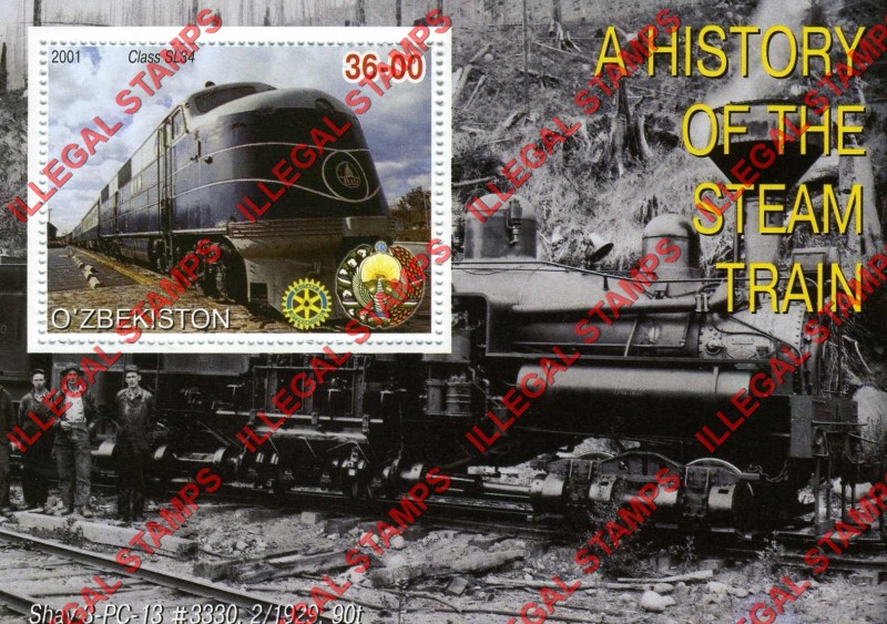 OZBEKISTON 2001 History of the Steam Train with Rotary Logo Counterfeit Illegal Stamp Souvenir Sheet of 1 (Sheet 3)