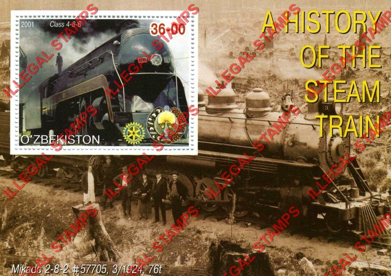 OZBEKISTON 2001 History of the Steam Train with Rotary Logo Counterfeit Illegal Stamp Souvenir Sheet of 1 (Sheet 4)