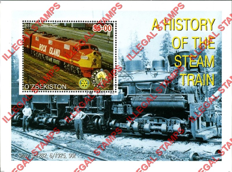 OZBEKISTON 2001 History of the Steam Train with Rotary Logo Counterfeit Illegal Stamp Souvenir Sheet of 1 (Sheet 5)
