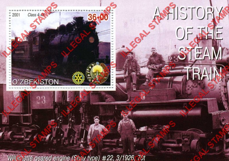 OZBEKISTON 2001 History of the Steam Train with Rotary Logo Counterfeit Illegal Stamp Souvenir Sheet of 1 (Sheet 6)