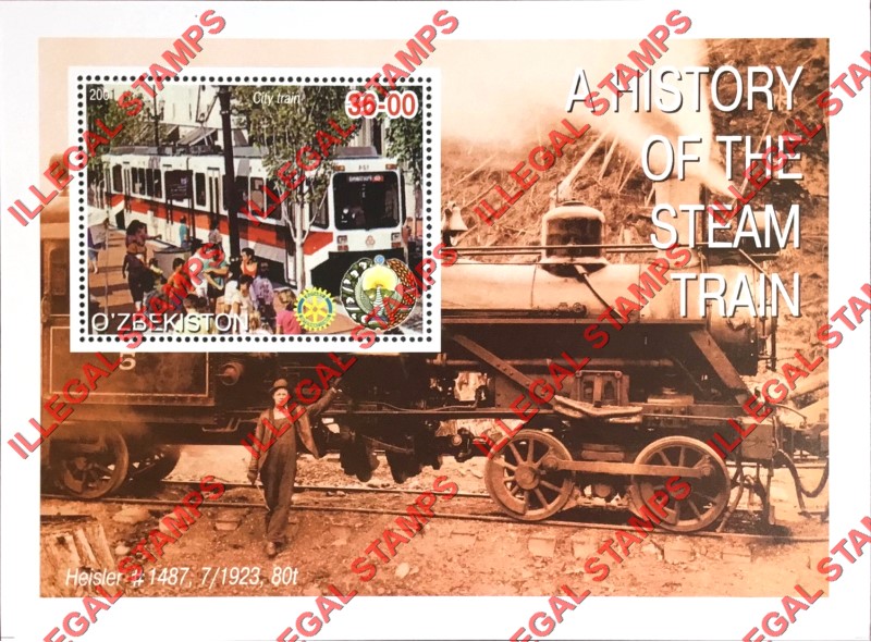 OZBEKISTON 2001 History of the Steam Train with Rotary Logo Counterfeit Illegal Stamp Souvenir Sheet of 1 (Sheet 7)