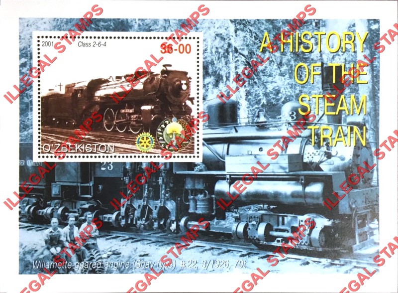OZBEKISTON 2001 History of the Steam Train with Rotary Logo Counterfeit Illegal Stamp Souvenir Sheet of 1 (Sheet 8)