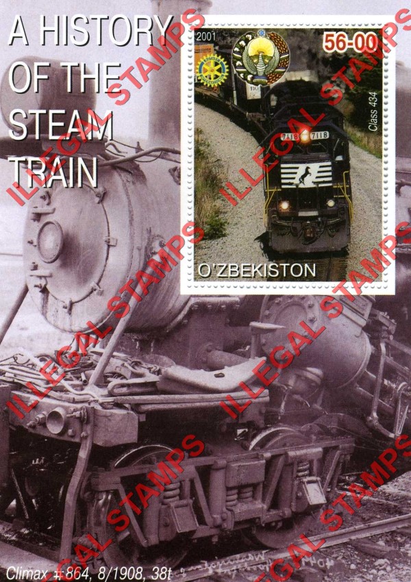 OZBEKISTON 2001 History of the Steam Train with Rotary Logo Counterfeit Illegal Stamp Souvenir Sheet of 1 (Sheet 9)